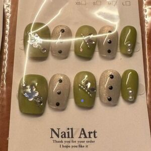 Press On Nail Set Olive Green Beige Accent Nail Art False‎ Nails